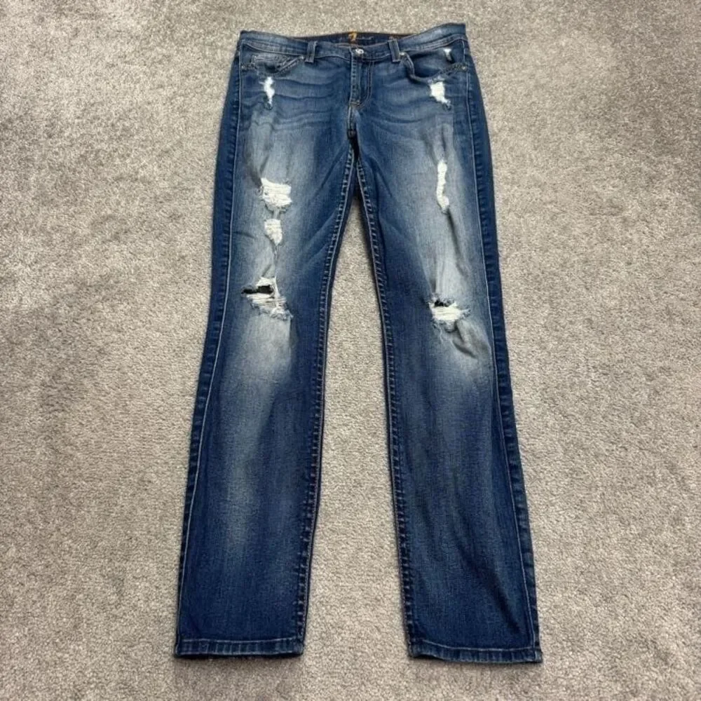 7 For All Mankind The Ankle Skinny Distressed Denim Jeans Womens 28 Blue Stretch